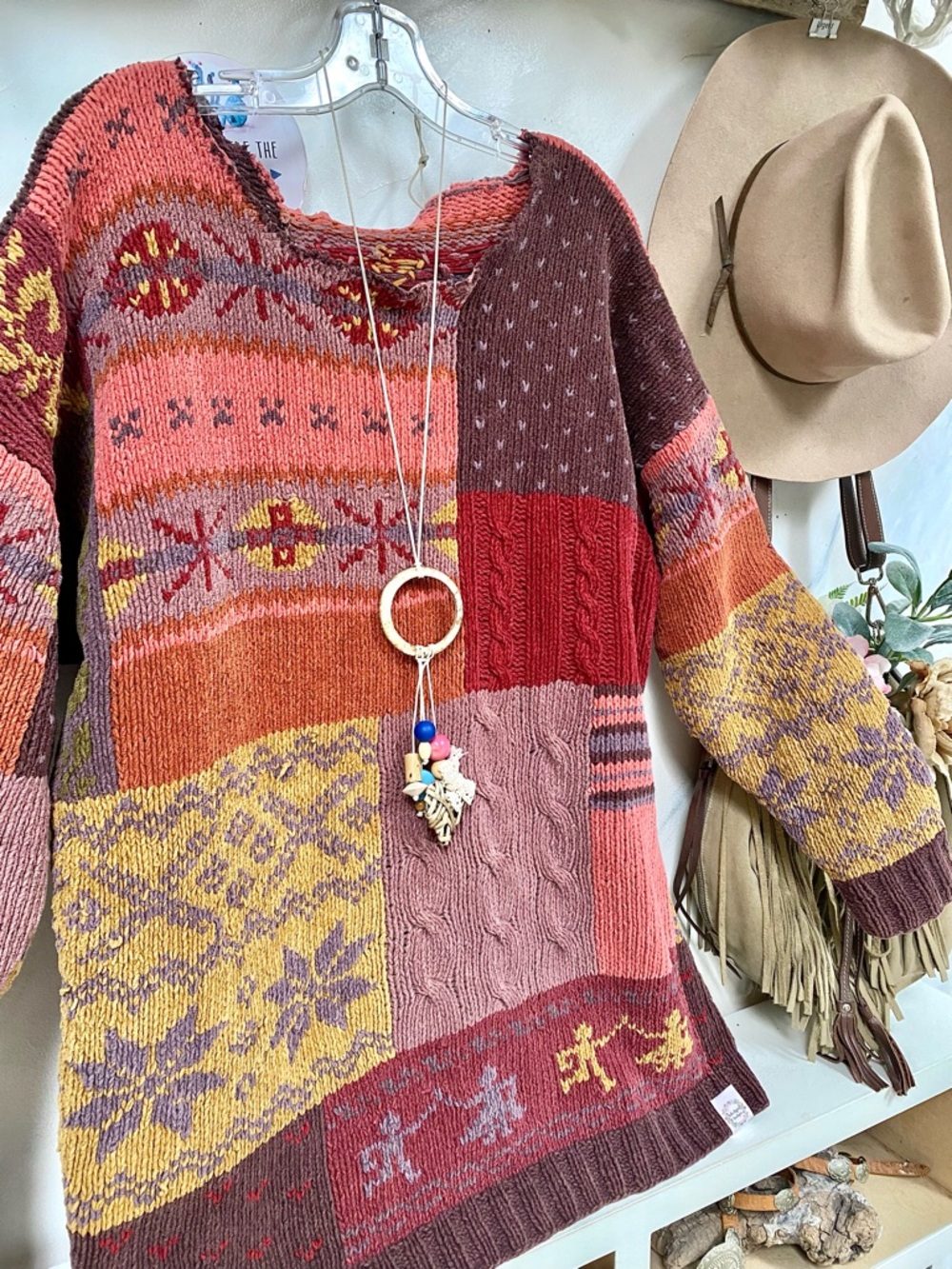 Artisan rustic knit boho sweater w farmhouse/cottagecore cabin vibe